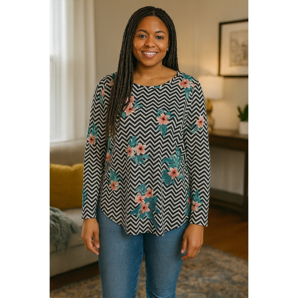 LuLaRoe Amy Women Medium Black Stripe Chevron Tropical Floral High Low Tunic Top